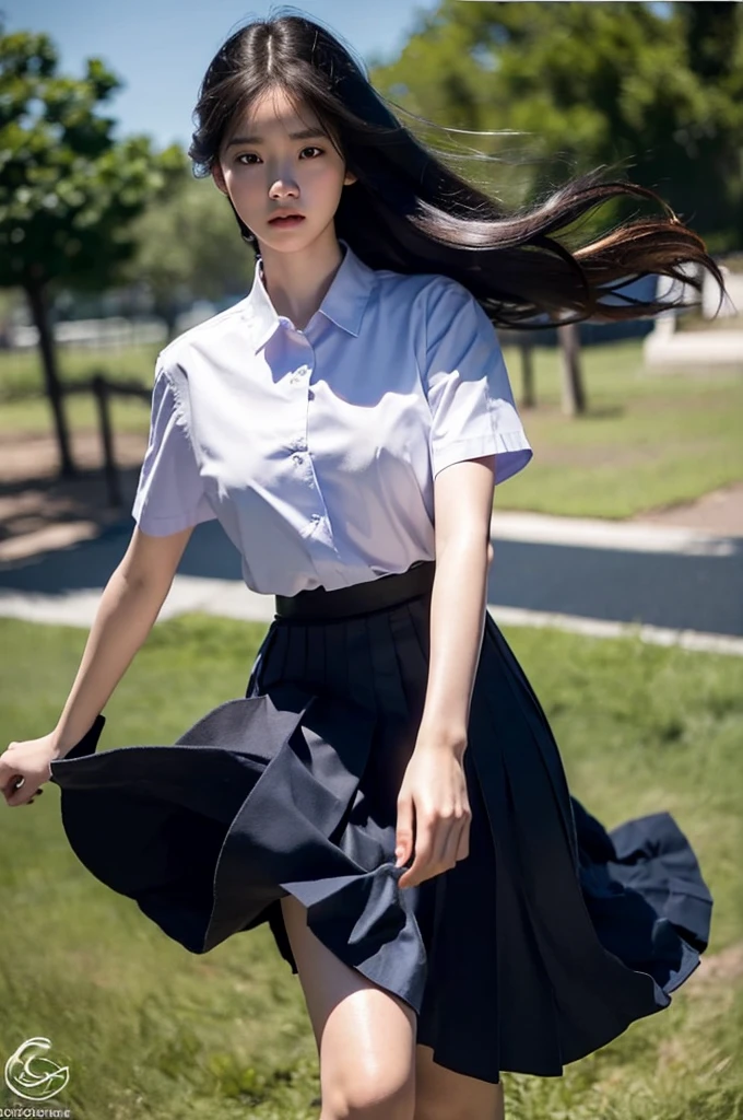 (photorealistic:1.4),Best quality, masterpiece, ultra high res, raw photo,soft light,(cowboy shot),blue sky,movie poster
1girl,(mathayom uniform),white shirt short sleeves,(black pleated long skirt:1.2),long hair,hair_floating,dramatic scene
 