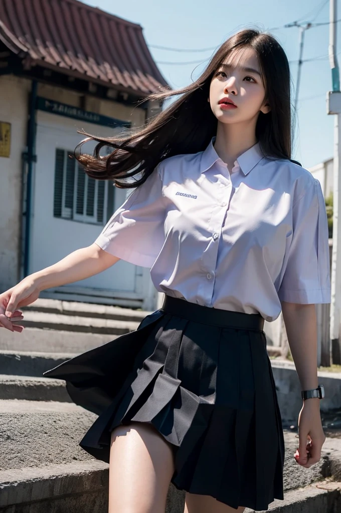 (photorealistic:1.4),Best quality, masterpiece, ultra high res, raw photo,soft light,(cowboy shot),blue sky,movie poster
1girl,(mathayom uniform),white shirt short sleeves,(black pleated long skirt:1.2),long hair,hair_floating,dramatic scene
 