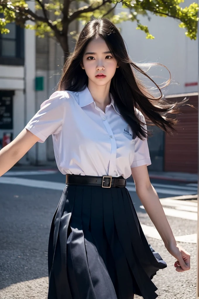 (photorealistic:1.4),Best quality, masterpiece, ultra high res, raw photo,soft light,(cowboy shot),blue sky,movie poster
1girl,(mathayom uniform),white shirt short sleeves,(black pleated long skirt:1.2),long hair,hair_floating,dramatic scene