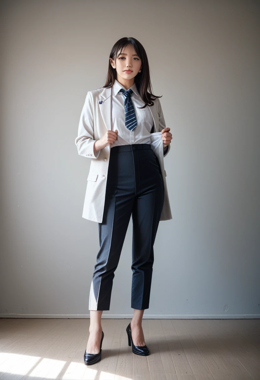 8k, raw photo, best quality, masterpiece, realistic, photo realistic, clear, professional lighting, beautiful face, best quality,ultra high res, realistic japanese beautiful, Super detailed, 1girl,full body, unfastened tie,