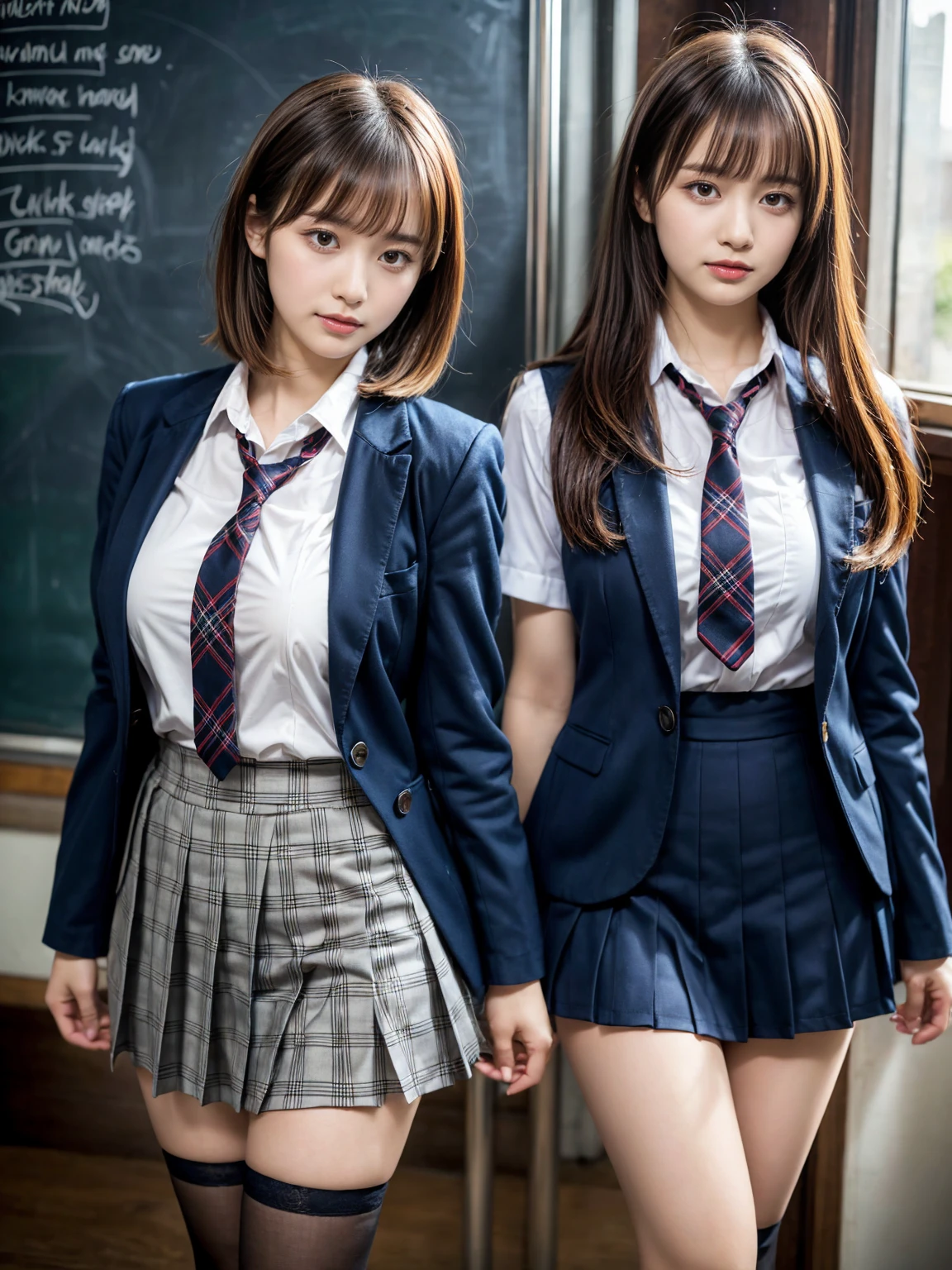 masterpiece, best quality, illustration, Super detailed, fine details, High resolution, 8K,wall paper, perfect dynamic composition,(Details High quality, realistic depiction of eyes:1.3), (2 girls, 2 schoolgirls:1.2), from side, High School Classroom、High school girl uniform、blazer 、Super Short Check Uniform Skirt、Navy blue high socks、garterbelts、Colossal tits、Disturbed uniform, short bob hair, black hair color, huge breasts, Big Natural Color Lip, bold sexy pose, (perfect body shape), crying a little、 Harajuku style、20 year old girl、 beautiful legs, hposing Gravure Idol, Voluptuous thighs