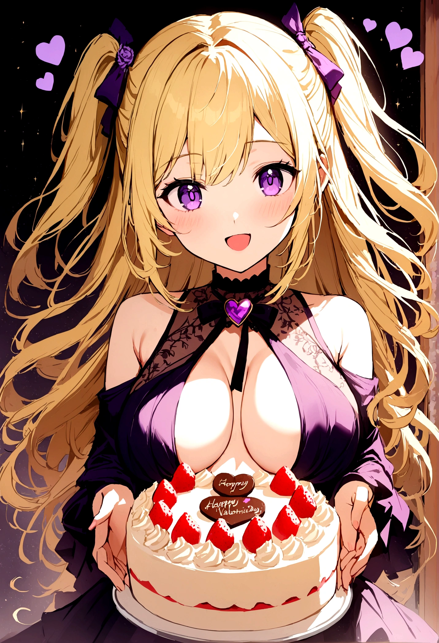 4K,One girl,A sense of depth,Confused,Capture the light,Very beautiful illustration,(((cake,heart,Hold in hand))),Valentine's Day,((Beautiful blonde,Two Side Up Hairstyle:1.3)),((Beautiful purple eyes:1.2)),;d,Beautiful, delicate, flowing hair,Emphasized breasts