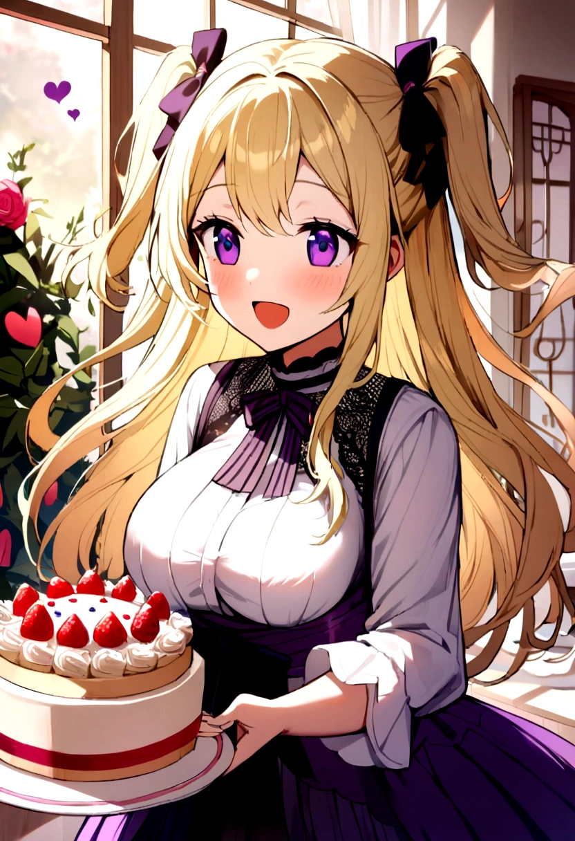 4K,One girl,A sense of depth,Confused,Capture the light,Very beautiful illustration,(((cake,heart,Hold in hand))),Valentine's Day,((Beautiful blonde,Two Side Up Hairstyle:1.3)),((Beautiful purple eyes:1.2)),;d,Beautiful, delicate, flowing hair,Emphasized breasts