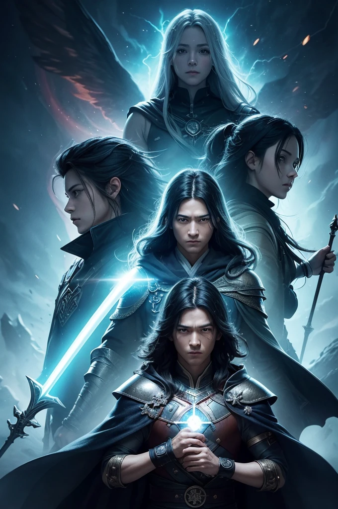 **Anime title: "Chronicles of the Upside Down"**
**Image Description:**
Create an epic anime poster "Chronicles of the Upside Down". At the center, put Hikaru Nakamura, an ordinary-looking teenager, with black hair and determined eyes. He must be wearing a Japanese school outfit, but with magical details like a subtle glow or runes. He holds a sword with an aura of blue light.
Next to Hikaru, position Rina, a skilled swordswoman with long silver hair, wearing light armor and a flowing cape. His expression is serious and determined. on the other side, put Toru, a renegade wizard with short, messy hair, wearing a dark cloak and holding a staff with glowing runes.
The background must present a fantasy setting, with castles in the distance, enchanted forests and a sky divided between light and darkness, symbolizing the conflict between the kingdoms. Add magical elements around, like particles of energy and fantastic creatures in shadows.
At the top of the poster, insert title "Chronicles of the Upside Down" with a stylized typography, incorporating elements of light and shadow. In the footer, add a punchline: "United by destiny, challenging the impossible."
**Additional Specifications:**
- Vibrant colors and striking contrast between light and shadow.
- Typical shounen anime art style, with dynamic and expressive details.
- Magical and mystical elements harmoniously integrated into the design.