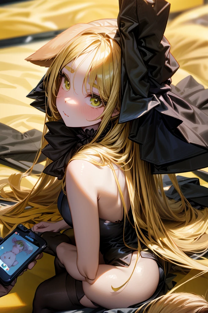 ((Best anatomy)1girl, long golden hair,green eyes, dog floppy ears, in black stockings, sitting on bed, in underwear, slender body. Holding smartphone, looking at smartphone, perfect eyes, perfect quality, back to camera, yellow bad