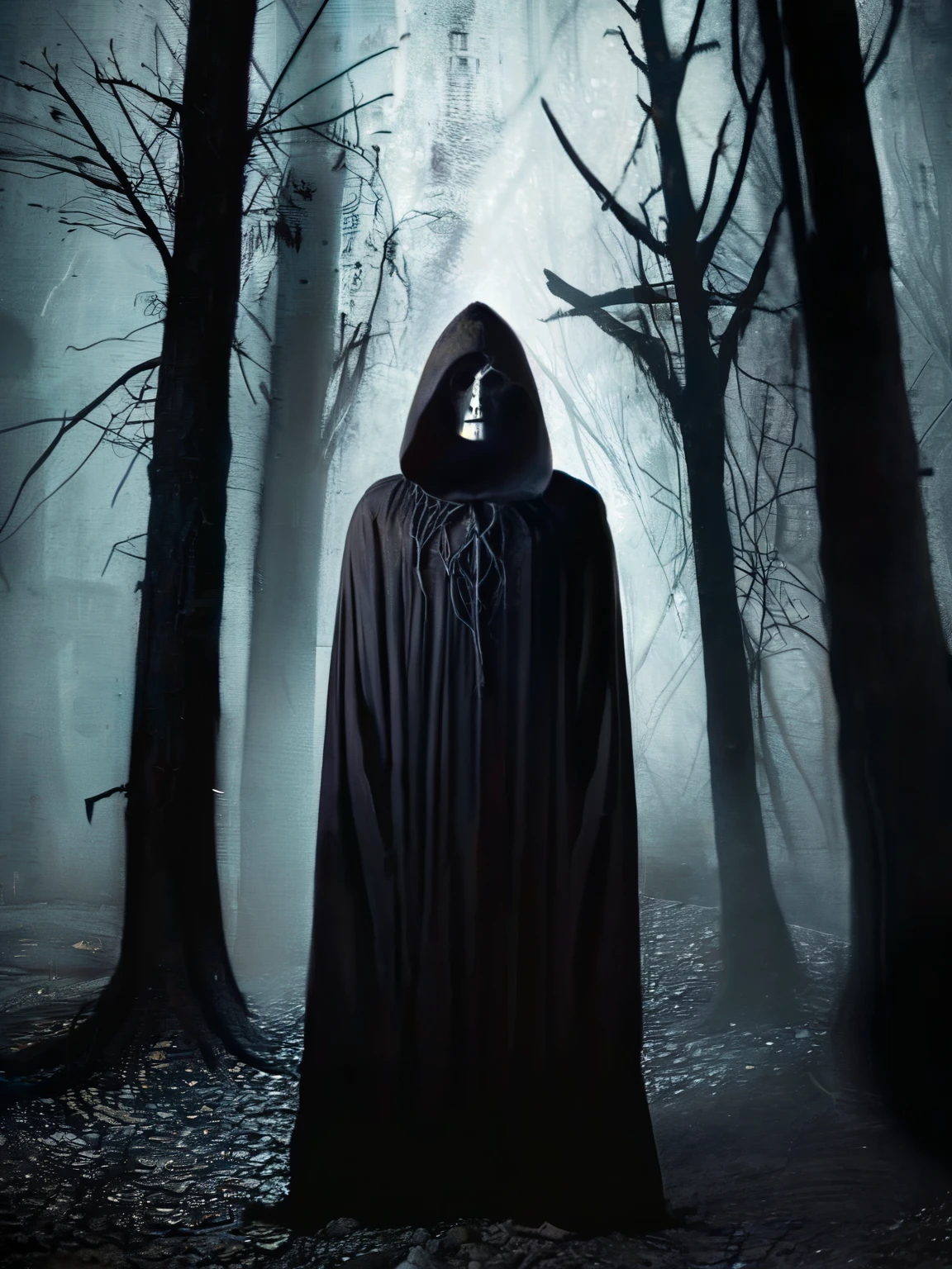 Horror-themed,  In an ancient and mysterious city a person in a creepy costume standing in a dark forest carcosa city style, Eerie, unsettling, dark, spooky, suspenseful, grim, highly detailed