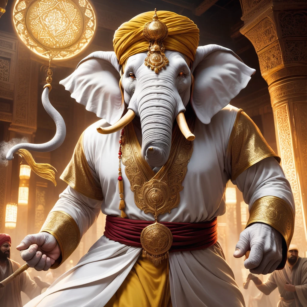 (1 white elephant-humanoid male:1.5), solo, wearing arabic priest cloathing, turban på hovedet, fullbody-image, attacking viewer with fists, detailed elephant cleric man, long beefy carved fangs, semi strong body, (smirk:1.1), (nose blush:1.1), (big yellow eyes:1.1), (hvid pels:1.1), beautiful detailed face, cinematic lighting, shot on canon 5d, Greg Rutkowski, Yoji Shinkawa:0.6,