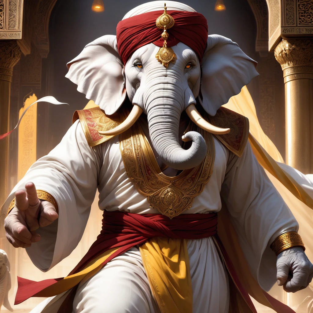 (1 white elephant-humanoid male:1.5), solo, wearing arabic priest cloathing, turban på hovedet, fullbody-image, attacking viewer with fists, detailed elephant cleric man, long beefy carved fangs, semi strong body, (smirk:1.1), (nose blush:1.1), (big yellow eyes:1.1), (hvid pels:1.1), beautiful detailed face, cinematic lighting, shot on canon 5d, Greg Rutkowski, Yoji Shinkawa:0.6,