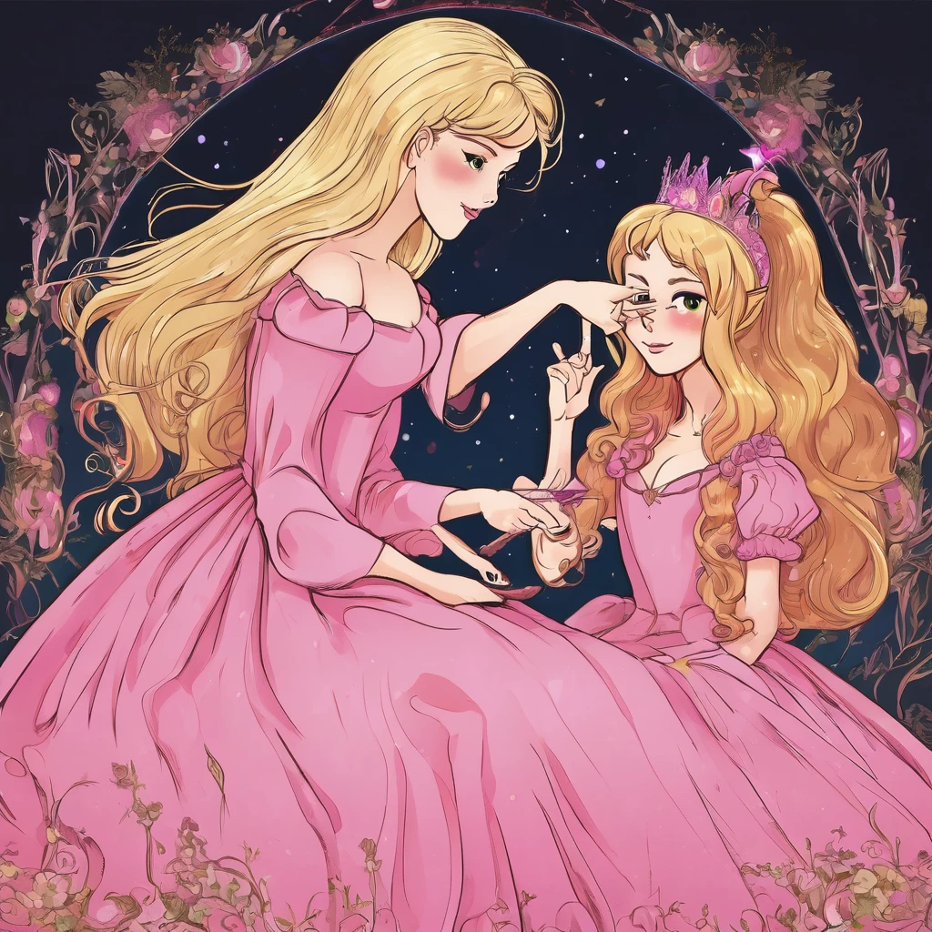 A Witch pricking the finger of a princess with long blonde hair in a long pink dress