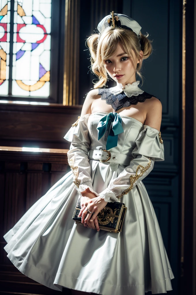 A young girl in realistic portrait of high quality and detail, movie style, Barbara (Genshin Impact), a young girl of ite build with ash-blond hair gathered in two ponytails and blue eyes. She is dressed in a white off-the-shoulder dress decorated with gold embroidery and a dark blue petticoat with the same color lapels on the sleeves. The bodice of the dress is decorated with a sea-green bow. The outfit is complemented by white tights, white shoes with black lacing, blue ruffles and a black block heel and a separate collar. On her head she wears a white and blue cap with a gold cross, similar to a nurse's headdress. Barbara also carries a spell book with a blue cover, decorated with gold and a cross keychain. She attaches it to a black leather sling with a gold buckle. light and peaceful atmosphere, glow, eye shadow, 1girl, fantasy, Depth & Perspective, smiling on her face, Mystical powers, fine face, She stands in the middle of the church hall, indoors, The cathedral of the 16th century in the background, sunlight from stained glass windows, looking at viewer, (ultra-high detail:1.2), Masterpiece, Best Quality, Ultra-detailed, Cinematic lighting, 8K, delicate features, cinematic, 35 mm lens, f/1.9, highlight lighting, global lighting –uplight –v 4, cinematic, intense gaze, Cinematic lighting, 8K, high quality, Highest Quality, (Solo Focus), (extremly intricate:1.3), (Realistic), dramatic, masterful, Analog style, (Film grain:1.5), (warm hue, cold tone),