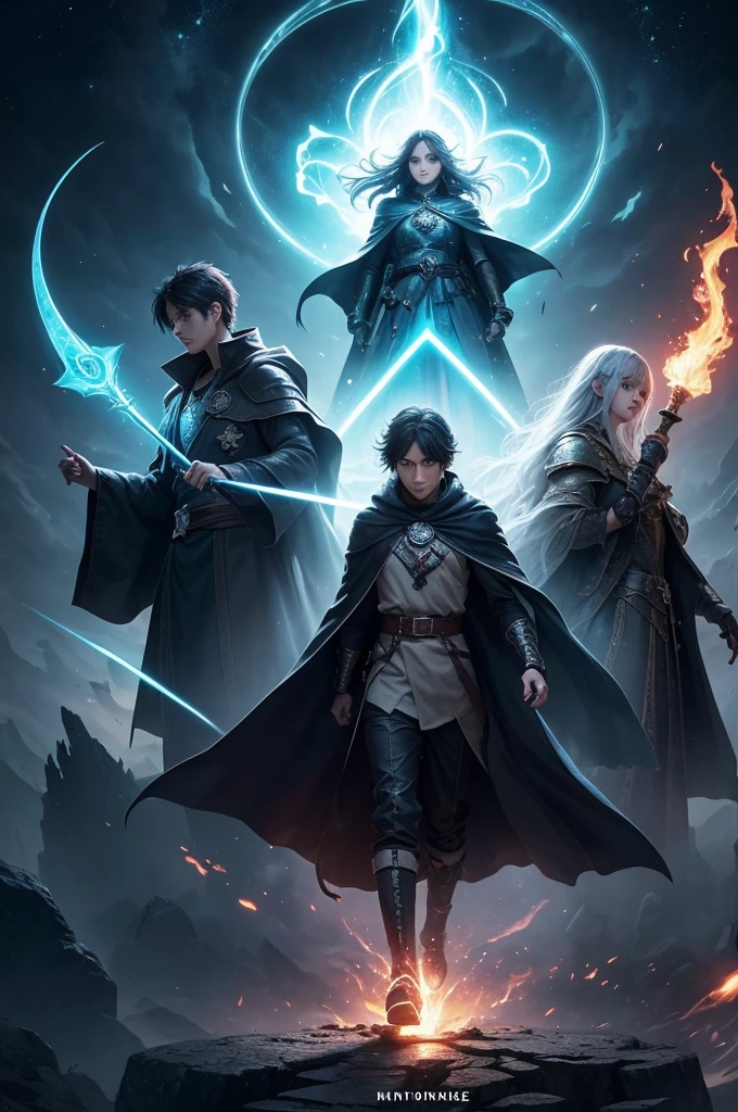 **Anime title: "Chronicles of the Upside Down"**
**Image Description:**
Create an epic anime poster "Chronicles of the Upside Down". At the center, put Hikaru Nakamura, an ordinary-looking teenager, with black hair and determined eyes. He must be wearing a Japanese school outfit, but with magical details like a subtle glow or runes. He holds a sword with an aura of blue light.
Next to Hikaru, position Rina, a skilled swordswoman with long silver hair, wearing light armor and a flowing cape. His expression is serious and determined. on the other side, put Toru, a renegade wizard with short, messy hair, wearing a dark cloak and holding a staff with glowing runes.
The background must present a fantasy setting, with castles in the distance, enchanted forests and a sky divided between light and darkness, symbolizing the conflict between the kingdoms. Add magical elements around, like particles of energy and fantastic creatures in shadows.
At the top of the poster, insert title "Chronicles of the Upside Down" with a stylized typography, incorporating elements of light and shadow. In the footer, add a punchline: "United by destiny, challenging the impossible."
**Additional Specifications:**
- Vibrant colors and striking contrast between light and shadow.
- Typical shounen anime art style, with dynamic and expressive details.
- Magical and mystical elements harmoniously integrated into the design.
- anime style