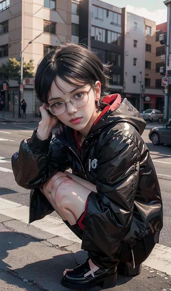 Sarada Uchiha with glasses and black jacket crouches on a step, Art not Guweiz style, realistic 3D anime style, Guweiz, the anime girl squats, 3D realistic anime, Photorealistic rendering of anime girls, high quality portrait, anime realism style, Anime in real life, alena aenami and artgerm