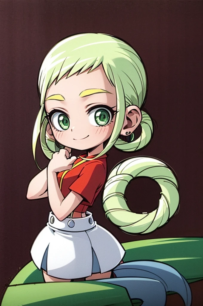 masterpiece, best quality, simple background, Ojamajo Doremi style, ojaskmmkcs, standing, smile, wink, adult, medium breasts, heavy winter brown jacket, gray shirt, blue jean pants, green eyes, blush, energetic pose
