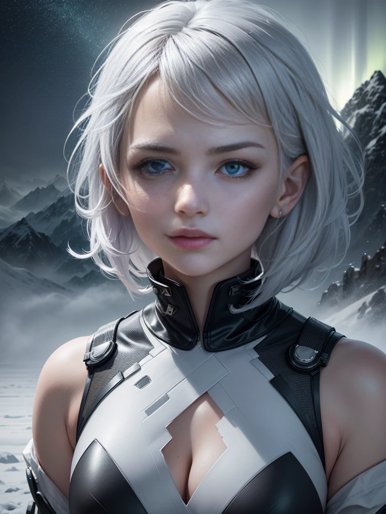 sharp focus, close portrait of face, short hair, Model shooting style, (Extremely detailed CG Unity 8K wallpaper),cyberpunk characters [Foggy Snow Mountain Landscape，Snow Mountain] Immerse yourself in the beautiful aurora，Living in the clouds of the starry sky，Behind the clouds，（Double contact：1.3），
(The transparent and ethereal face of the girl blends into the aurora，Snow Mountain superimposes multiple elements and integrates the picture，
photography：Brandon Woelfelmist，surreal dreamscape，Gray vibe，Rainy Day，That&#39;s it，Right of use，HDR，Surrealist art fantasy style，Epic digital fantasy art style，Beautiful sci-fi art, Sci-fi digital art illustration,Sci-fi digital painting, futuristic digital painting, futuristic concept art, Sci-fi Snow Mountain landscape front, Sci-fi digital art, Dreamy transparent ethereal girl portrait
dramatic sky, dramatic lighting, dynamic pose. seductive expression.