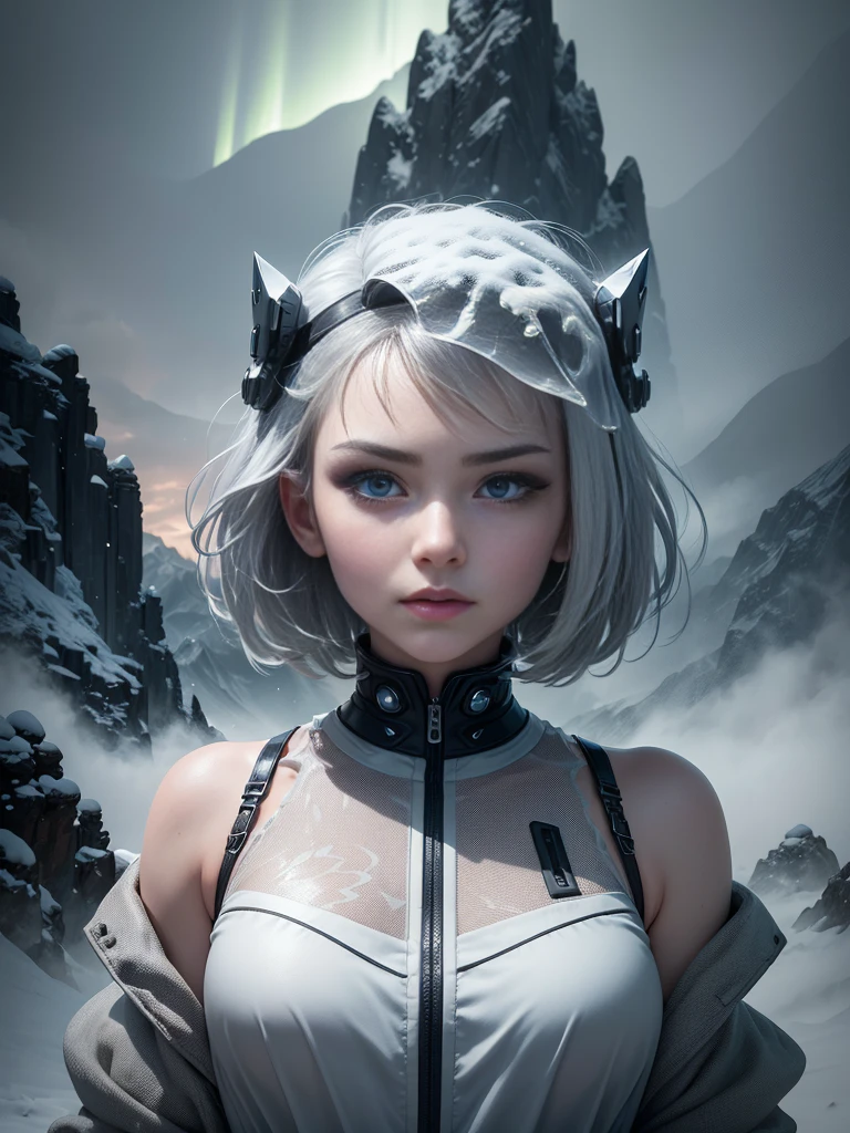 sharp focus, close portrait of face, short hair, Model shooting style, (Extremely detailed CG Unity 8K wallpaper),cyberpunk characters [Foggy Snow Mountain Landscape，Snow Mountain] Immerse yourself in the beautiful aurora，Living in the clouds of the starry sky，Behind the clouds，（Double contact：1.3），
(The transparent and ethereal face of the girl blends into the aurora，Snow Mountain superimposes multiple elements and integrates the picture，
photography：Brandon Woelfelmist，surreal dreamscape，Gray vibe，Rainy Day，That&#39;s it，Right of use，HDR，Surrealist art fantasy style，Epic digital fantasy art style，Beautiful sci-fi art, Sci-fi digital art illustration,Sci-fi digital painting, futuristic digital painting, futuristic concept art, Sci-fi Snow Mountain landscape front, Sci-fi digital art, Dreamy transparent ethereal girl portrait
dramatic sky, dramatic lighting, dynamic pose. seductive expression.