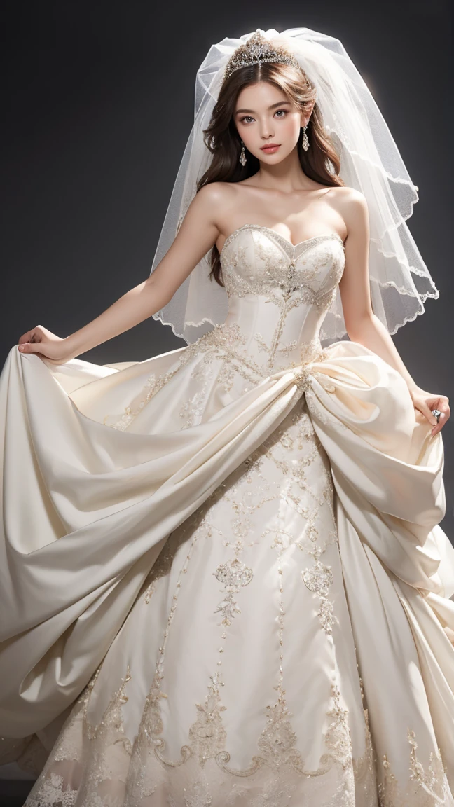 (masterpiece, best quality:1.5), ((Extremely detailed wedding dress)),((Complete wedding dress))(One-shoulder and high-waist wedding dress) high resolution, 16K, The most beautiful face in the world, Very detailed and beautiful face and eyes, Glowing skin, Delicate fabric texture, Perfect anatomical structure, rest, (Beauty incarnate:1.3), (Beautiful goddess:1.3), (Beautiful and charming princess:1.3), Perfect makeup, Deeply in love, Full of elegance. (((whole body:1.5))),