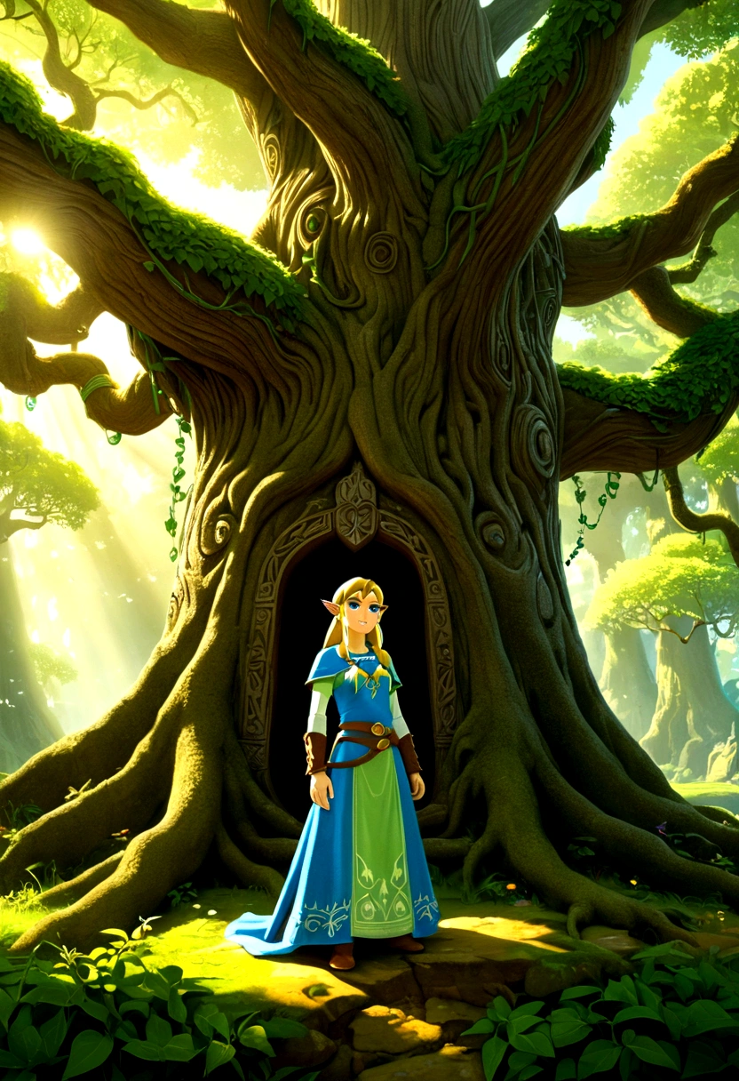 (The Legend of Zelda), Brave Link, forest, by James R. Eads, Georges Seurat Style, full body, (Photography), panoramic view, award-winning, cinematic still, emotional, vignette, dynamic, vivid, (masterpiece, best quality, Professional, perfect composition, very aesthetic, absurdres, ultra-detailed, intricate details:1.3)