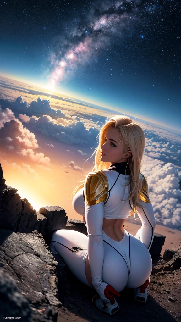 At the top of the mountain and on the edge of the cliff, a muscular blonde woman, with huge ass, breasts big, wearing white spacesuit, Looking and smiling at the camera, Beautiful feet, showing full body. Under the cliff, Four spaceships slowly emerge from the ruins of a desolate city built in the desert, Going to the stars, cinematic lighting, Glow Up, anáglifo, optical illusion, From above, atmospheric perspective, ultra HD