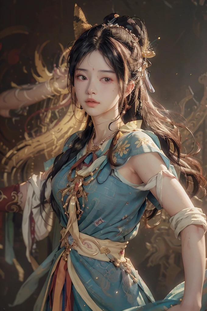 (RAW photo, best quality), (realistic, photo-realistic:1.3),best quality,highly detailed,masterpiece,ultra-detailed,illustration,1girl,upper_body,dynamic angle,world masterpiece theater,messy_long_hair,best quality,extremely detailed CG unity 8k wallpaper,ink,Amazing,cinematic lighting,lens_flare, dunhuang_style