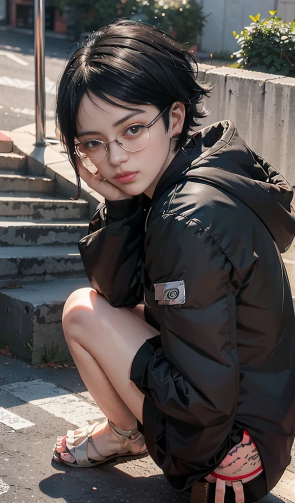 Sarada Uchiha with glasses and black jacket crouches on a step, Art not Guweiz style, realistic 3D anime style, Guweiz, the anime girl squats, 3D realistic anime, Photorealistic rendering of anime girls, high quality portrait, anime realism style,  Anime in real life, alena aenami and artgerm