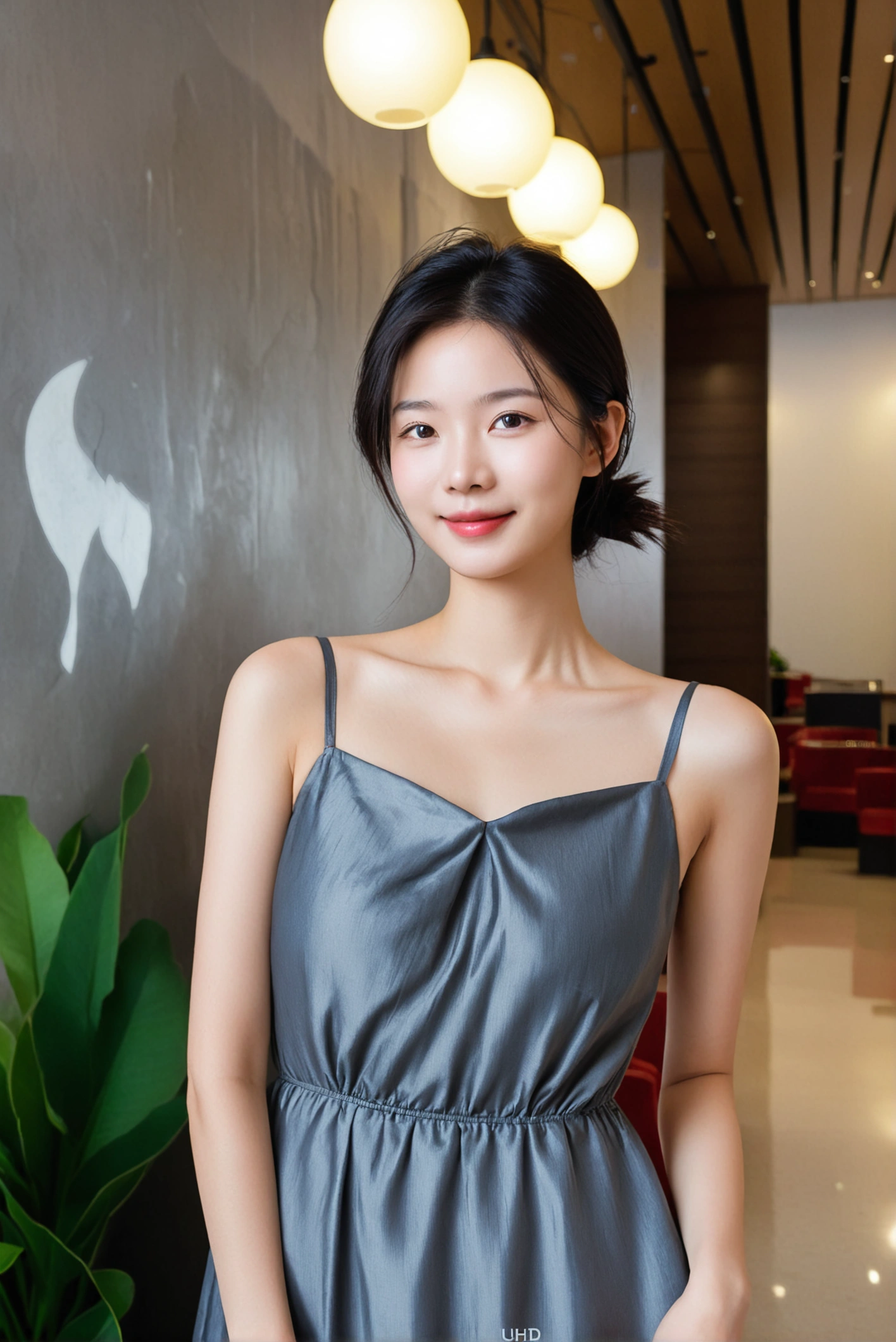 beautiful korean girl , 32 inch chest size, Your eyes are big and pretty. standing in the hotel lobby . short medium hair, dress that covers the chest. laugh, uhd