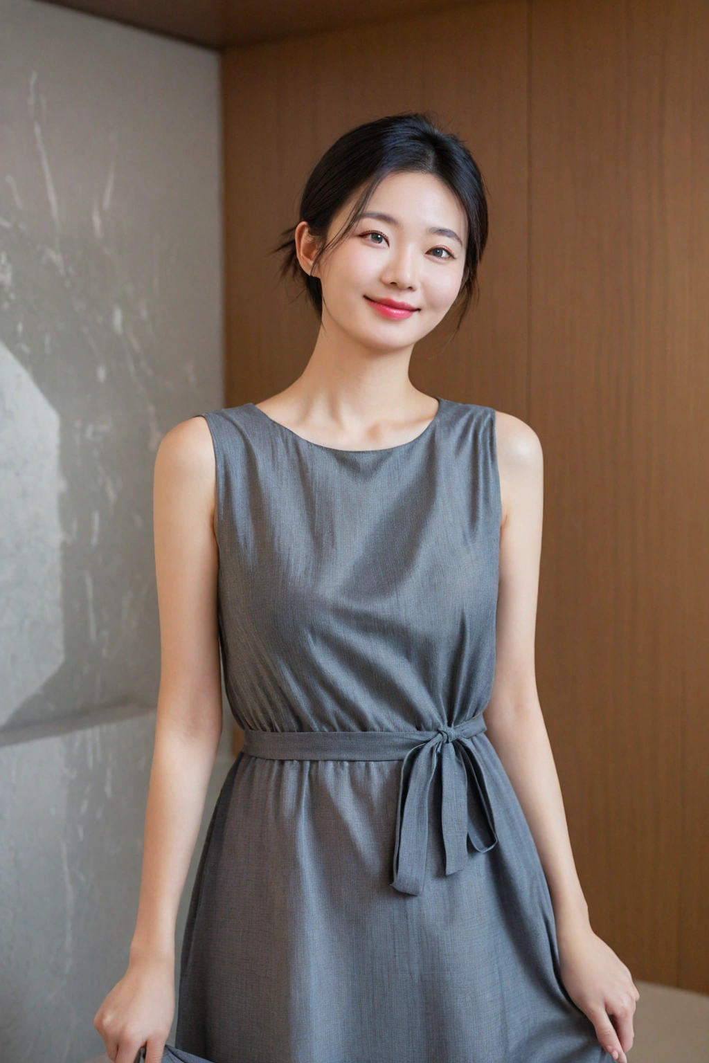 beautiful korean girl , 32 inch chest size, Your eyes are big and pretty. standing in the hotel lobby . short medium hair, dress that covers the chest. laugh, uhd