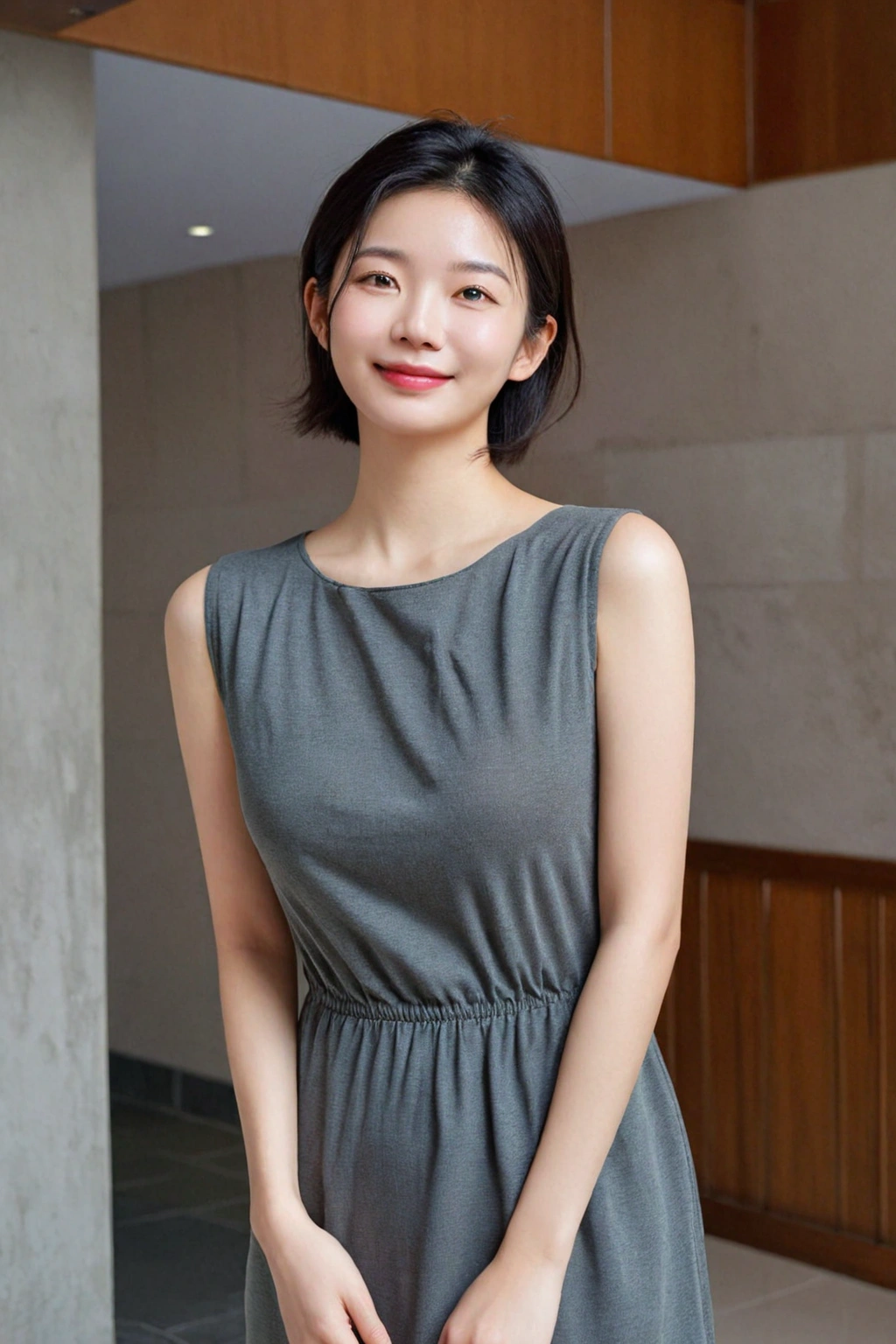 beautiful korean girl , 32 inch chest size, Your eyes are big and pretty. standing in the hotel lobby . short medium hair, dress that covers the chest. laugh, uhd