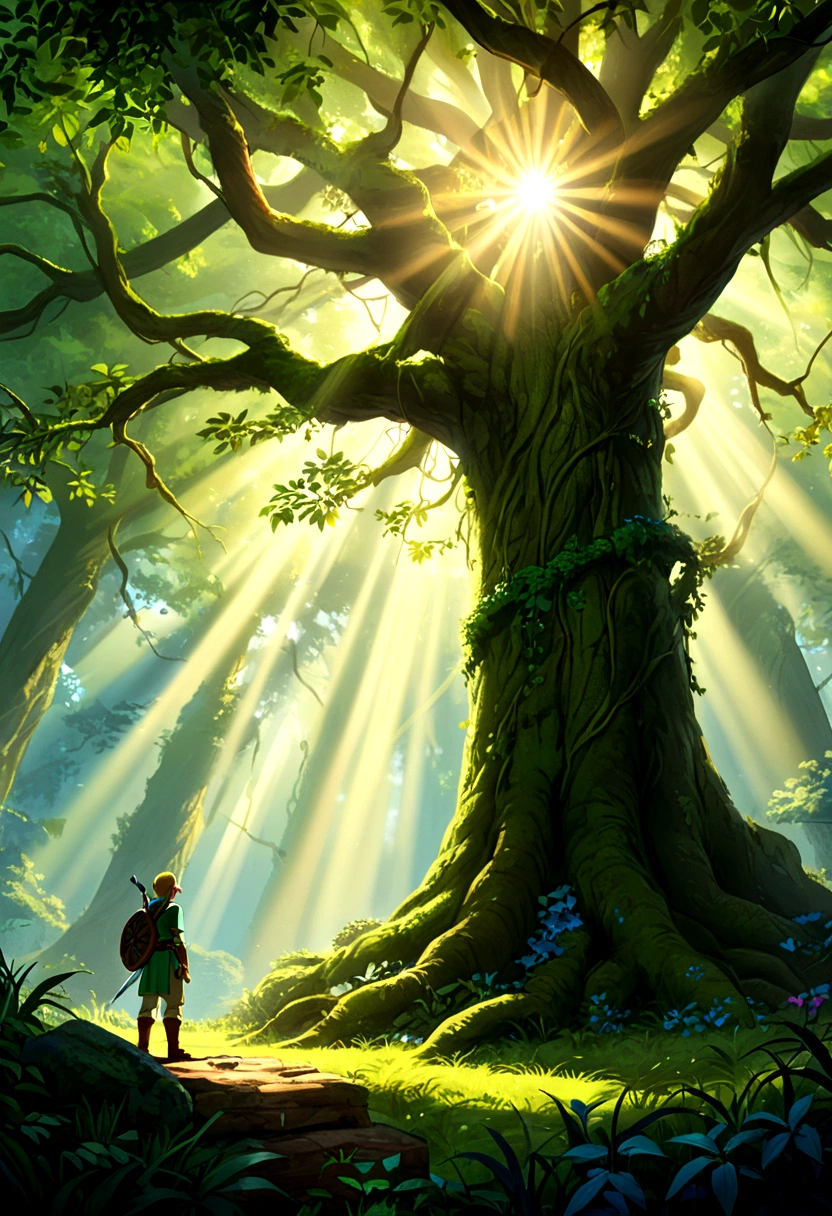 (The Legend of Zelda), Brave Link, forest, by James R. Eads, Georges Seurat Style, full body, (Photography), panoramic view, award-winning, cinematic still, emotional, vignette, dynamic, vivid, (masterpiece, best quality, Professional, perfect composition, very aesthetic, absurdres, ultra-detailed, intricate details:1.3)