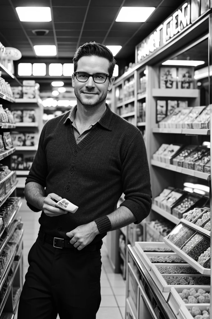 Create an old-style photo in black and white where a man is with a background of a candy store that says sweet whim