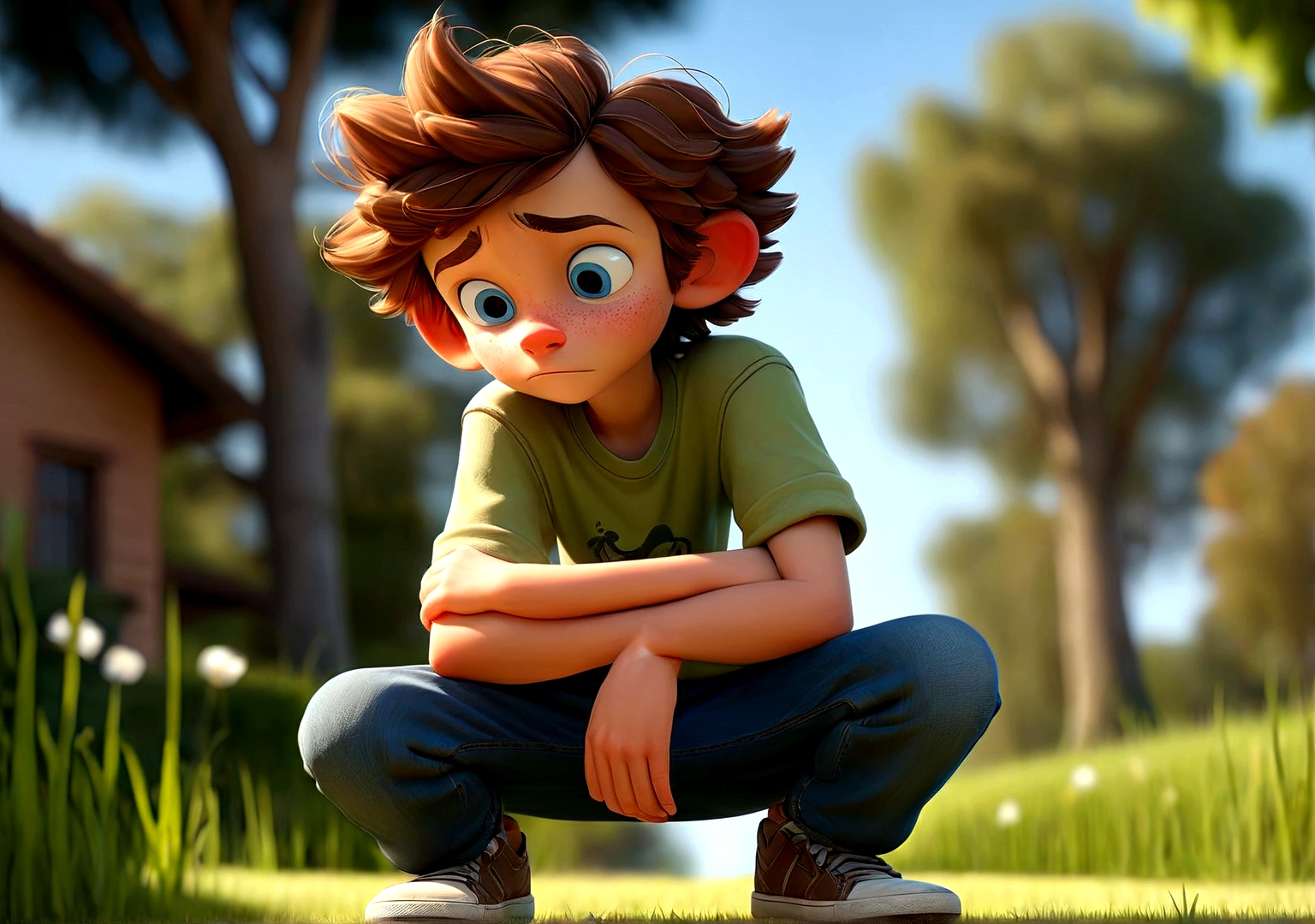 Jack is an eight-year-old boy with tousled brown hair and bright blue eyes. He wears worn-out blue jeans, a bright green t-shirt with and sturdy brown sneakers. Jack is standing outdoors, his face reflecting a sense of realization and relief. His eyes are bright with understanding, and a gentle smile spreads across his lips. His posture is relaxed, with his shoulders down and a slight upward tilt to his head, as if he's looking towards the sky or into the distance, feeling good about his newfound understanding. The background features a peaceful, natural setting with trees, green grass, and a clear blue sky, highlighting the serene and uplifting atmosphere of the moment. Jack's expression and body language convey a deep sense of contentment and positive change.