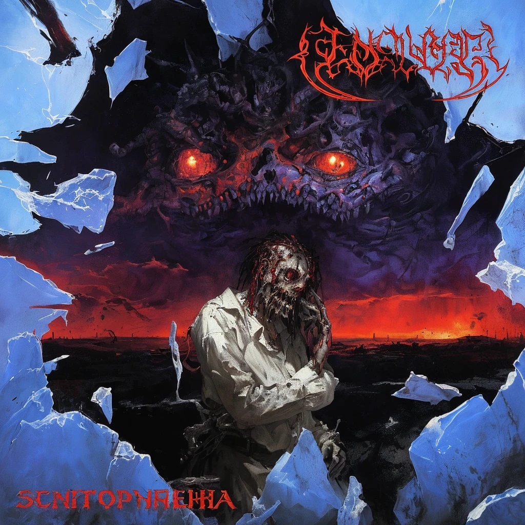 a painting of a man in a white shirt is looking at a demonic creature, scornful, schizophrenia, gehenna, detailed cover artwork, sorrowful, death metal album cover, disturbing biohorror saliva, schizophrenic, dark schizophrenia portrait, schizophrenic hallucination, packshot, cover art, metal album cover art, azathoth, dreadful