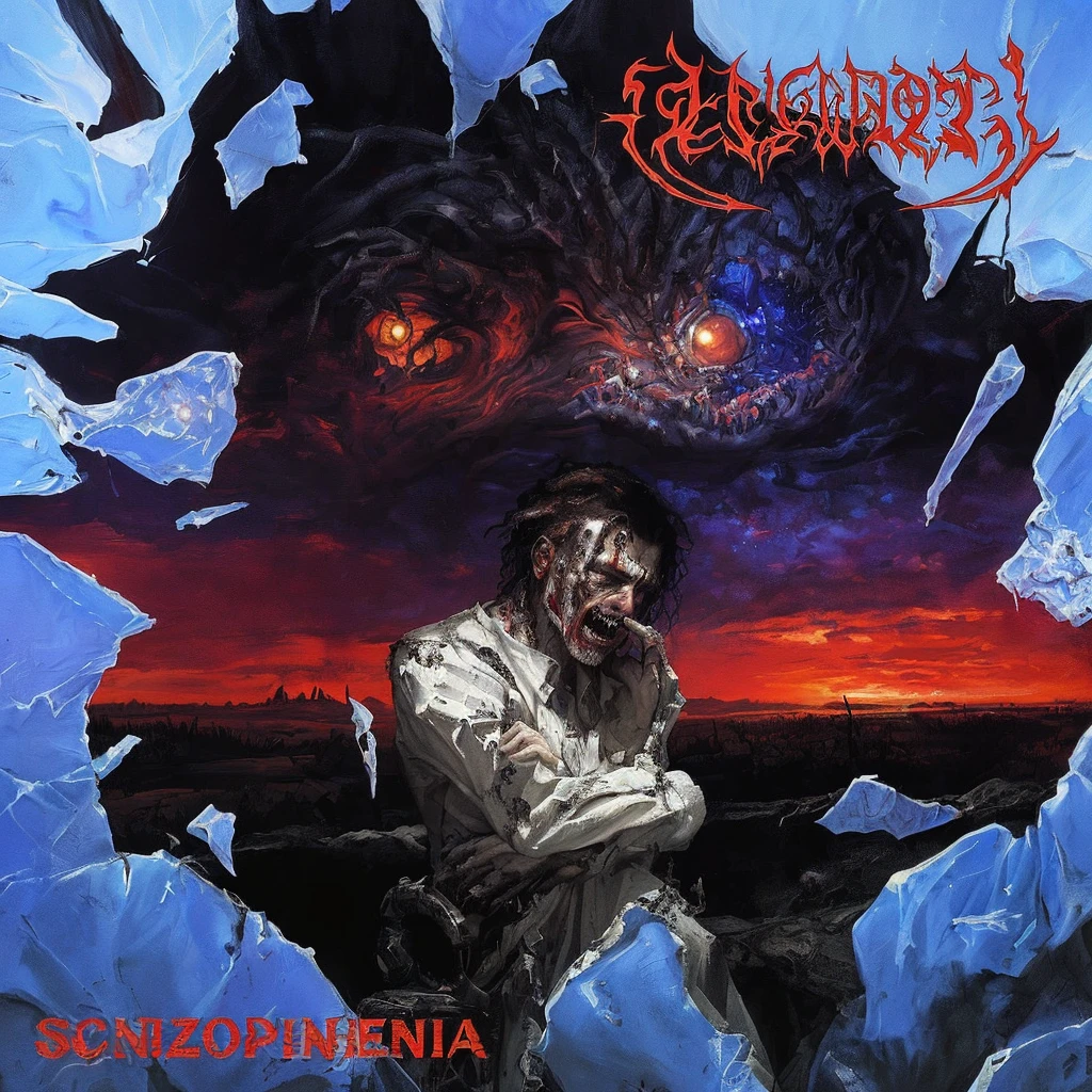 a painting of a man in a white shirt is looking at a demonic creature, scornful, schizophrenia, gehenna, detailed cover artwork, sorrowful, death metal album cover, disturbing biohorror saliva, schizophrenic, dark schizophrenia portrait, schizophrenic hallucination, packshot, cover art, metal album cover art, azathoth, dreadful