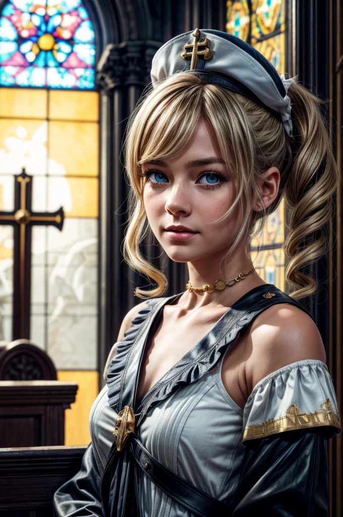 A young girl in realistic portrait of high quality and detail, movie style, Barbara (Genshin Impact), a young girl of petite build with ash-blond hair gathered in two ponytails and blue eyes. She is dressed in a white off-the-shoulder dress decorated with gold embroidery and a dark blue petticoat with the same color lapels on the sleeves. The bodice of the dress is decorated with a sea-green bow. The outfit is complemented by white tights, white shoes with black lacing, blue ruffles and a black block heel and a separate collar. On her head she wears a white and blue cap with a gold cross, similar to a nurse's headdress. Barbara also carries a spell book with a blue cover, decorated with gold and a cross keychain. She attaches it to a black leather sling with a gold buckle. light and peaceful atmosphere, glow, eye shadow, 1girl, fantasy, Depth & Perspective, smiling on her face, Mystical powers, fine face, She stands in the middle of the church hall, indoors, The cathedral of the 16th century in the background, sunlight from stained glass windows, looking at viewer, (ultra-high detail:1.2), Masterpiece, Best Quality, Ultra-detailed, Cinematic lighting, 8K, delicate features, cinematic, 35 mm lens, f/1.9, highlight lighting, global lighting –uplight –v 4, cinematic, intense gaze, Cinematic lighting, 8K, high quality, Highest Quality, (Solo Focus), (extremly intricate:1.3), (Realistic), dramatic, masterful, Analog style, (Film grain:1.5), (warm hue, cold tone), 