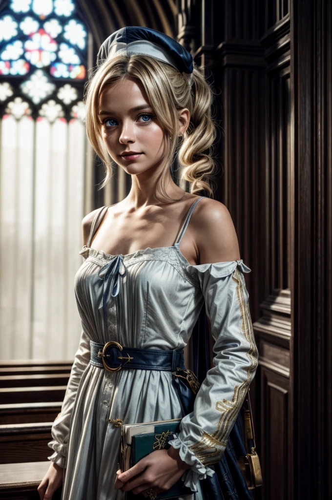 A young girl in realistic portrait of high quality and detail, movie style, Barbara (Genshin Impact), a young girl of ite build with ash-blond hair gathered in two ponytails and blue eyes. She is dressed in a white off-the-shoulder dress decorated with gold embroidery and a dark blue petticoat with the same color lapels on the sleeves. The bodice of the dress is decorated with a sea-green bow. The outfit is complemented by white tights, white shoes with black lacing, blue ruffles and a black block heel and a separate collar. On her head she wears a white and blue cap with a gold cross, similar to a nurse's headdress. Barbara also carries a spell book with a blue cover, decorated with gold and a cross keychain. She attaches it to a black leather sling with a gold buckle. light and peaceful atmosphere, glow, eye shadow, 1girl, fantasy, Depth & Perspective, smiling on her face, Mystical powers, fine face, She stands in the middle of the church hall, indoors, The cathedral of the 16th century in the background, sunlight from stained glass windows, looking at viewer, (ultra-high detail:1.2), Masterpiece, Best Quality, Ultra-detailed, Cinematic lighting, 8K, delicate features, cinematic, 35 mm lens, f/1.9, highlight lighting, global lighting –uplight –v 4, cinematic, intense gaze, Cinematic lighting, 8K, high quality, Highest Quality, (Solo Focus), (extremly intricate:1.3), (Realistic), dramatic, masterful, Analog style, (Film grain:1.5), (warm hue, cold tone), 