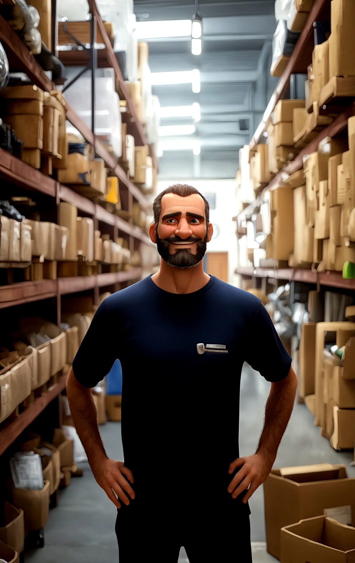 man 1.86 meters tall and 45 years old. With a beard and with shaved hair. Man smiling and standing.