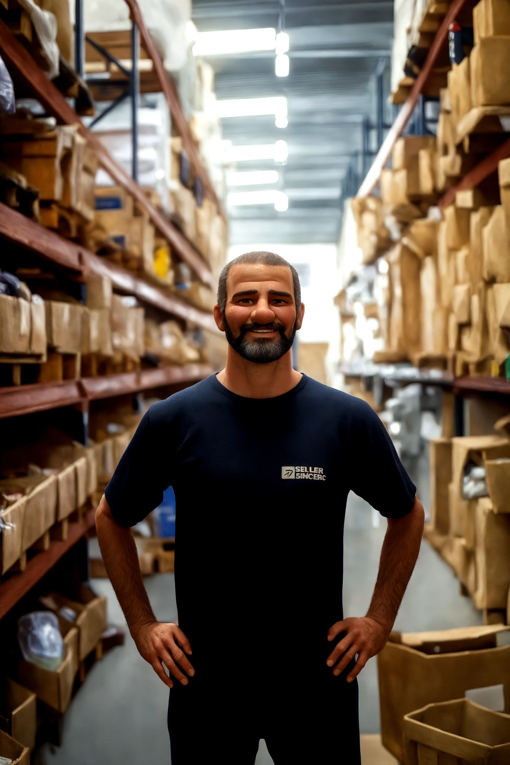 man 1.86 meters tall and 45 years old. With a beard and with shaved hair. Man smiling and standing.