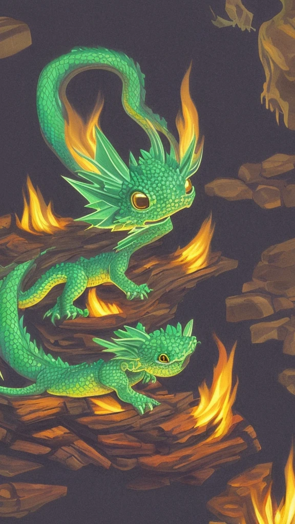 Show a  dragon sleeping on a campfire. The dragon is green and surrounded by darkness. Only the logs and the dragon glow