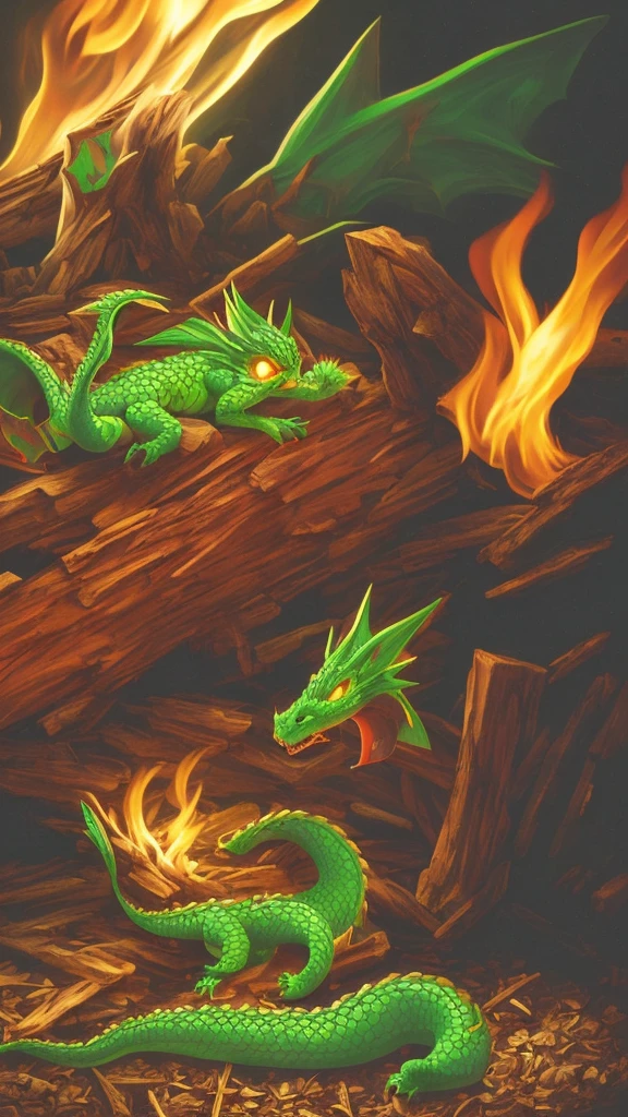 Show a little baby dragon sleeping on a campfire. The dragon is green and surrounded by darkness. Only the logs and the dragon glow