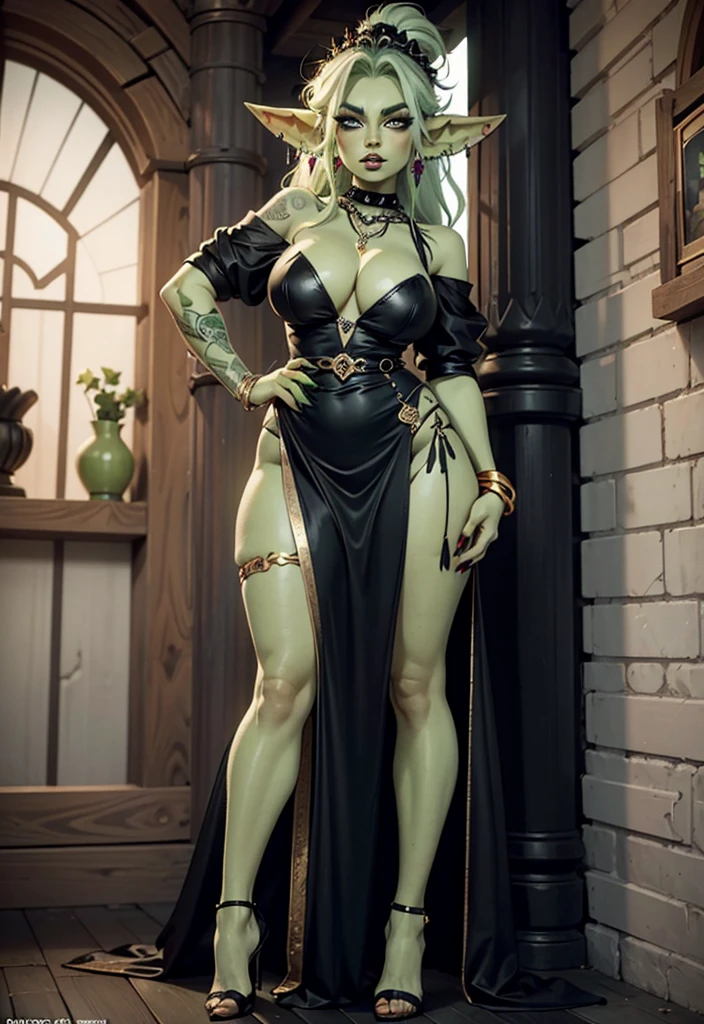 UHD 8k, HDR+, cartoon women with green face and white hair, green skin, goblin girl, DnD character, female goblin portrait, green skin, fantasy goblin Drak, green orc woman, goblin art, D&D goblin rogue, goblin theme, goblin, goblin woman with necklace, big piercing eyes, huge earrings, giant earrings, blonde hair, earrings, lips, eyelashes, tattoo, heavy makeup, piercings, ear piercings, jewelry, gold bracelets on which she holds her hands , tight black gothic dress, black high heels heels, high heels, legs, full color illustration, epic full color illustration, 16k, FHD