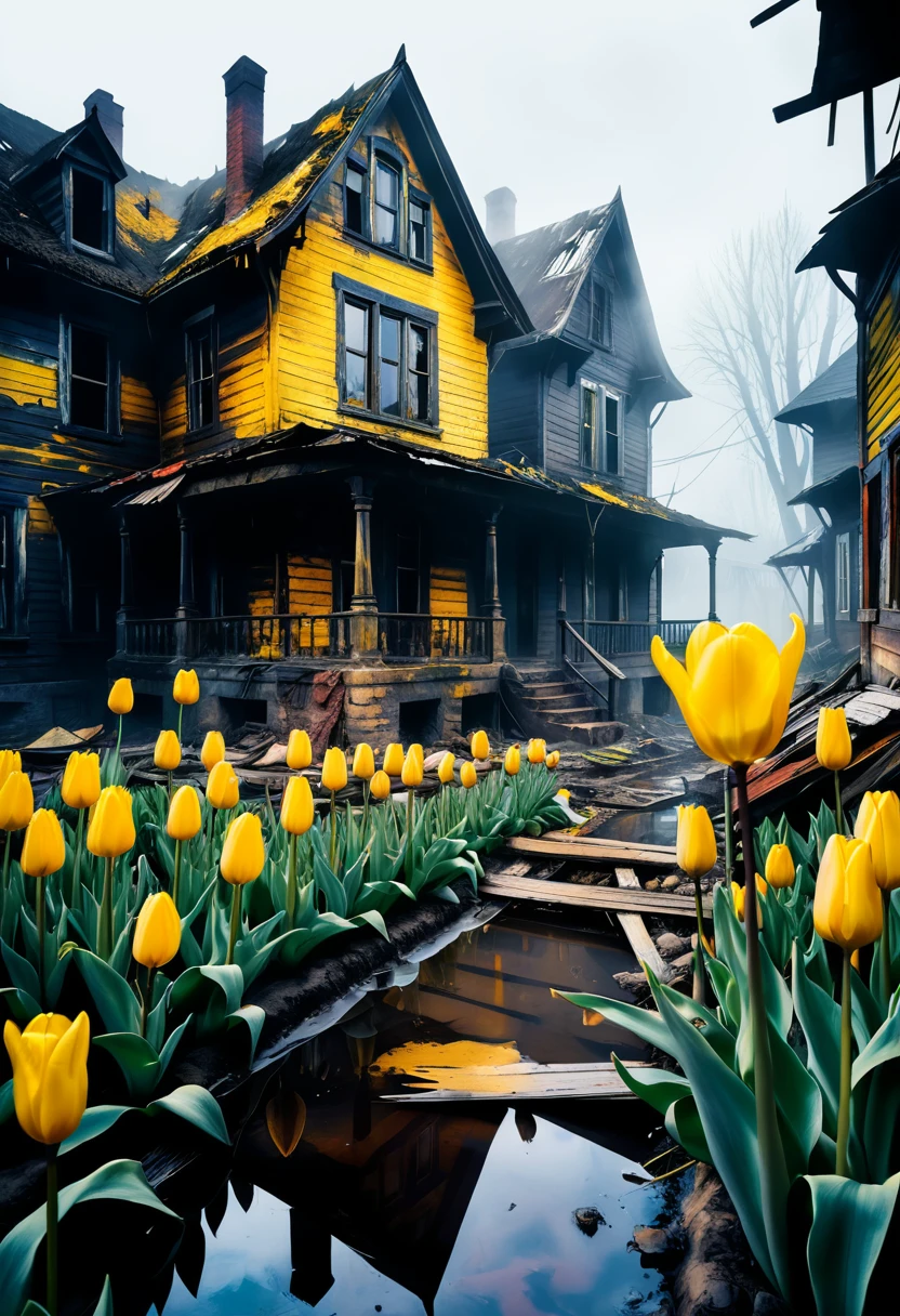 Colorful oil painting. Old dilapidated houses. Very beautiful, gouache, Cinematic, dark, Nasty, mysterious, modern vintage, rich deep colors, boho style. The fog is thick. ultra-stunning lighting. (yellow tulip in the middle of debris) lithographic detail, dirt in all the crevices; conceptual art, super detailed, amazing composition. hyperrealistic photography, --niji 5 --ar 2:3 --expressive style --v 5.
