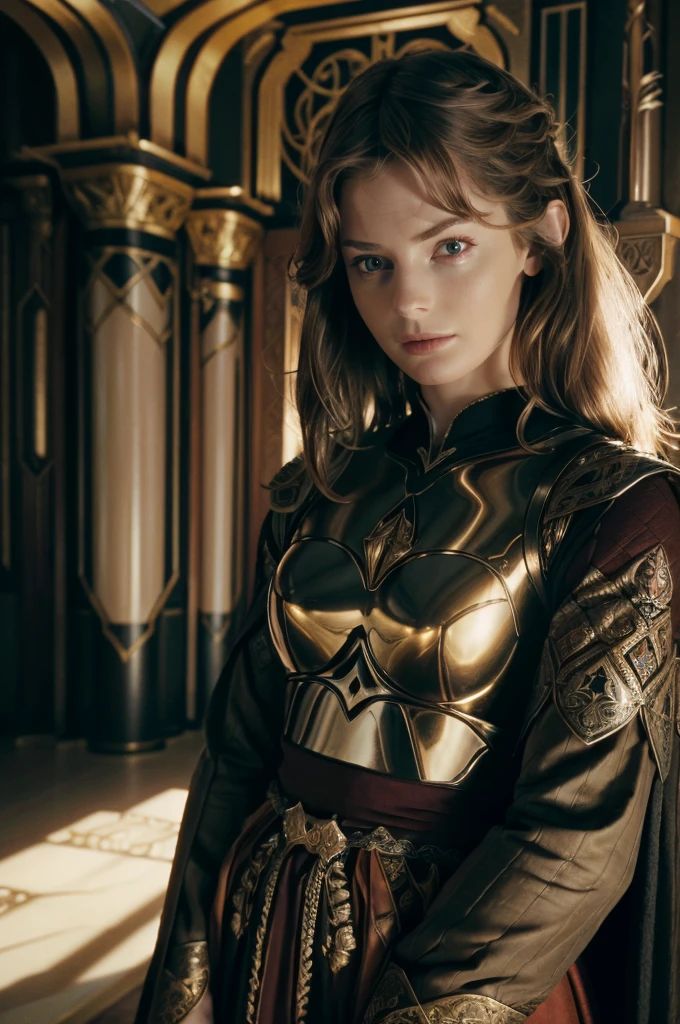 A muscle knight woman in realistic portrait of high quality and detail, 2000's movie style, Ella Freya (model), dark and mysterious atmosphere, pale skin, glow, eye shadow, 1woman, medieval fantasy, Depth & Perspective, anger on her face, long black hair, brown eyes, Mystical powers, black armor, fine face, She stands in front of an iron throne decorated with swords, indoors, the royal palace of the 19th century on the background, blue sky, white cloud, looking at viewer, (ultra-high detail:1.2), Masterpiece, Best Quality, Ultra-detailed, Cinematic lighting, 8K, delicate features, cinematic, 35 mm lens, f/1.9, highlight lighting, global lighting –uplight –v 4, cinematic, intense gaze, Cinematic lighting, 8K, high quality, Highest Quality, (Solo Focus), (extremly intricate:1.3), (Realistic), dramatic, masterful, Analog style, (Film grain:1.5), (warm hue, cold tone), a close up of a person surrounded, destruction behind back