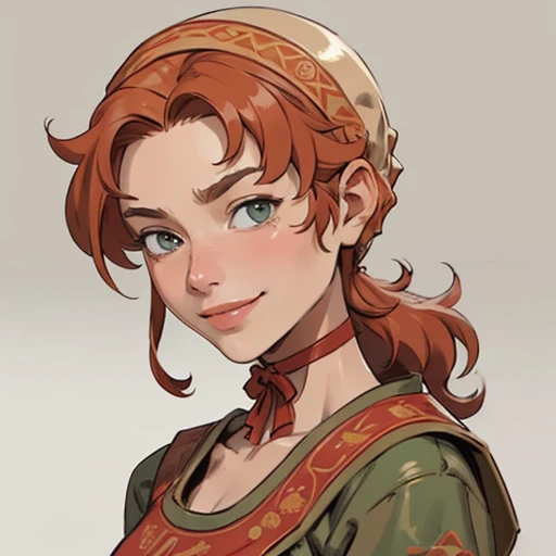 (masterpiece), (best quality),(portrait),(bust up),1girl,solo,(sharp focus),(look at viewer),hobbit,,maribel,orange hair,hood,red choker,ancient clothes,(simple background),old school fantasy art,super shiny face,Ultra Glossy Skin,smile,embroidery outfit,medieval farmer outfit,moss green outfit, ,beige outfit