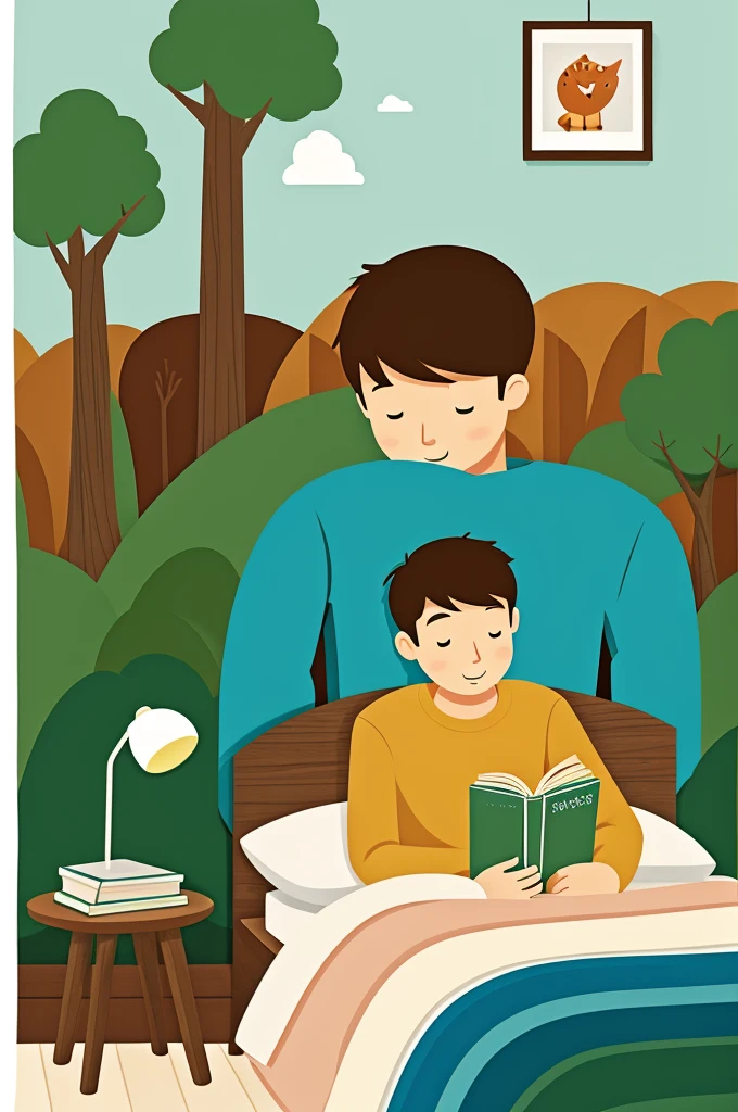 Illustration for a book in bed colors, about a boy living in the forest 