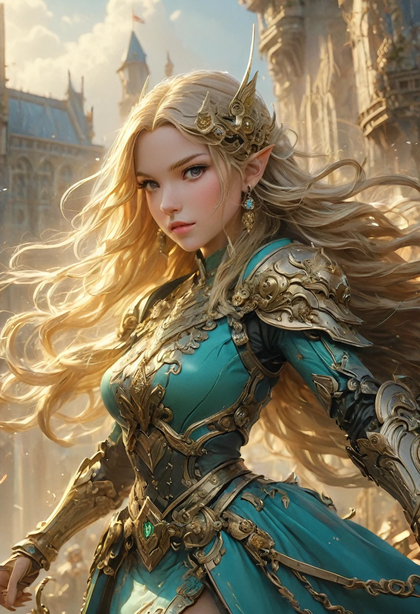 high details, best quality, 16k, [ultra detailed], masterpiece, best quality, (extremely detailed), full body, ultra wide shot, photorealistic, , fantasy art, dnd art, rpg art, realistic art, a wide angle, (((anatomically correct))) a wallpaper of an Princess Zelda, ready for battle with her mount (intense details, Masterpiece, best quality: 1.5),Princess Zelda (intense details, Masterpiece, best quality: 1.5), ultra detailed face, ultra feminine, fair skin, exquisite beauty, gold hair, long hair, wavy hair, small pointed ears, dynamic eyes color, wearing heavy mech armor, shinning metal, armed with elven sword, green meadows, blue skies background and some clouds background depth of field (intricate details, Masterpiece, best quality: 1.5), full body (intricate details, Masterpiece, best quality: 1.5), high details, best quality, highres, ultra wide angle, Mechanical Creatures