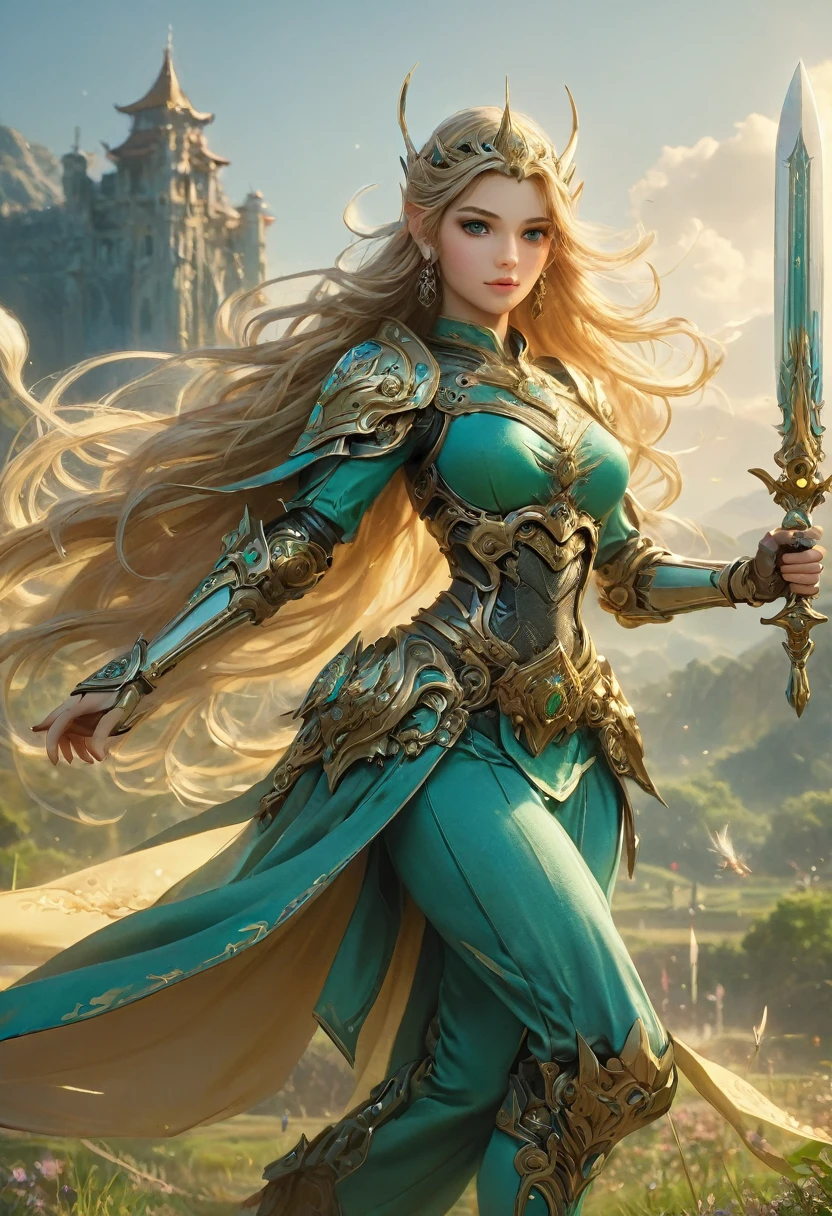 high details, best quality, 16k, [ultra detailed], masterpiece, best quality, (extremely detailed), full body, ultra wide shot, photorealistic, , fantasy art, dnd art, rpg art, realistic art, a wide angle, (((anatomically correct))) a wallpaper of an Princess Zelda, ready for battle with her mount (intense details, Masterpiece, best quality: 1.5),Princess Zelda (intense details, Masterpiece, best quality: 1.5), ultra detailed face, ultra feminine, fair skin, exquisite beauty, gold hair, long hair, wavy hair, small pointed ears, dynamic eyes color, wearing heavy mech armor, shinning metal, armed with elven sword, green meadows, blue skies background and some clouds background depth of field (intricate details, Masterpiece, best quality: 1.5), full body (intricate details, Masterpiece, best quality: 1.5), high details, best quality, highres, ultra wide angle, Mechanical Creatures