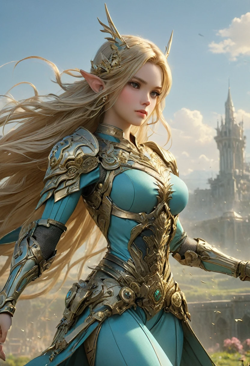 high details, best quality, 16k, [ultra detailed], masterpiece, best quality, (extremely detailed), full body, ultra wide shot, photorealistic, , fantasy art, dnd art, rpg art, realistic art, a wide angle, (((anatomically correct))) a wallpaper of an Princess Zelda, ready for battle with her mount (intense details, Masterpiece, best quality: 1.5),Princess Zelda (intense details, Masterpiece, best quality: 1.5), ultra detailed face, ultra feminine, fair skin, exquisite beauty, gold hair, long hair, wavy hair, small pointed ears, dynamic eyes color, wearing heavy mech armor, shinning metal, armed with elven sword, green meadows, blue skies background and some clouds background depth of field (intricate details, Masterpiece, best quality: 1.5), full body (intricate details, Masterpiece, best quality: 1.5), high details, best quality, highres, ultra wide angle, Mechanical Creatures