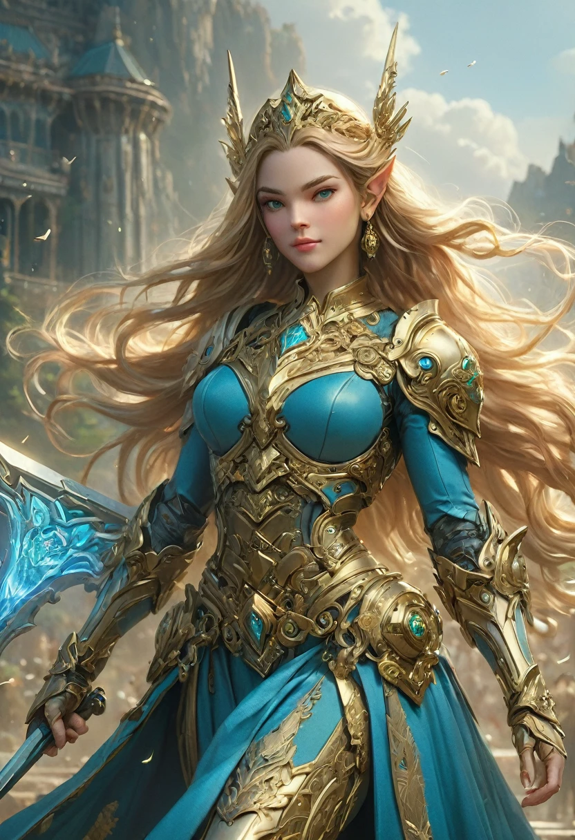 high details, best quality, 16k, [ultra detailed], masterpiece, best quality, (extremely detailed), full body, ultra wide shot, photorealistic, , fantasy art, dnd art, rpg art, realistic art, a wide angle, (((anatomically correct))) a wallpaper of an Princess Zelda, ready for battle with her mount (intense details, Masterpiece, best quality: 1.5),Princess Zelda (intense details, Masterpiece, best quality: 1.5), ultra detailed face, ultra feminine, fair skin, exquisite beauty, gold hair, long hair, wavy hair, small pointed ears, dynamic eyes color, wearing heavy mech armor, shinning metal, armed with elven sword, green meadows, blue skies background and some clouds background depth of field (intricate details, Masterpiece, best quality: 1.5), full body (intricate details, Masterpiece, best quality: 1.5), high details, best quality, highres, ultra wide angle, Mechanical Creatures