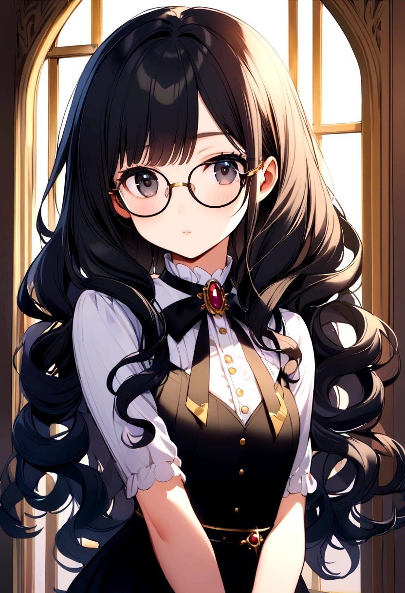 Black hair girl, Long curly hair, No bangs, Gold-rimmed glasses, black eyes,  T 恤