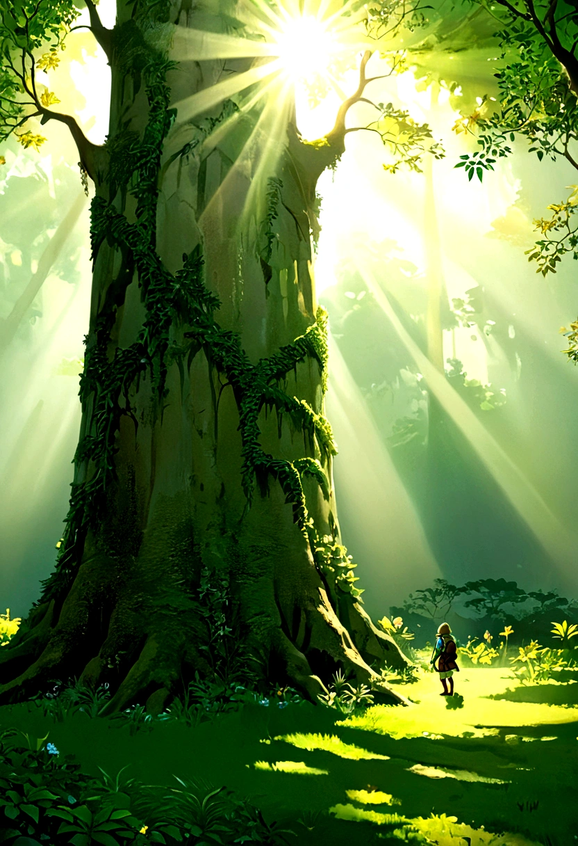 (The Legend of Zelda), Brave Link under a ancient tree, the towering ancient tree look mysterious and majestic under the sunlight, the fluorescent vines that illuminate the forest shine with extraordinary light, tranquil forest, full body, (Photography), panoramic view, award-winning, cinematic still, emotional, vignette, dynamic, vivid, (masterpiece, best quality, Professional, perfect composition, very aesthetic, absurdres, ultra-detailed, intricate details:1.3)