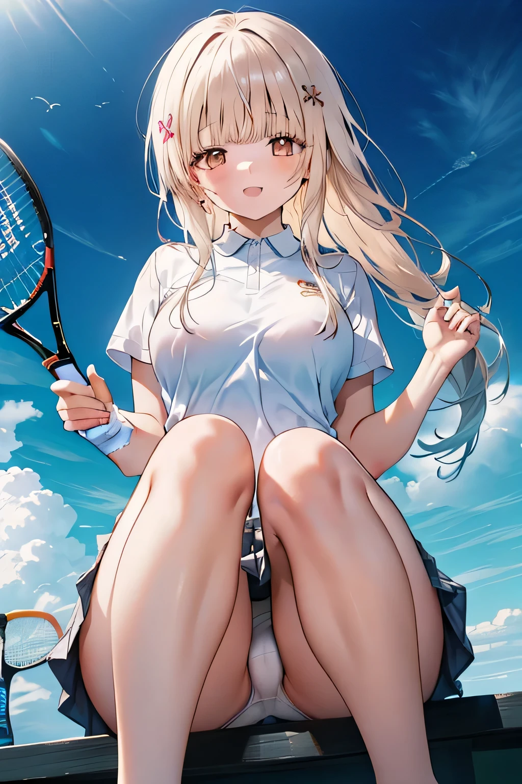 1girl ,(Shiina Mahiru,mahiru shiina), Long Hair,bangs,happy smile, smile, Open your mouth,((nsfw,full,Tennis Wear,White shirt,White mini skirt,Panty shot,White panties)),Real Summer,Daytime,sunny,My hair is blowing in the wind,whole bodyがイラストに入るように,Slender body,
break outdoors, School,Tennis court,
break looking at viewer,Beautiful breasts,sit,Wide opening,Medium chest,whole body,((Panty shot,Angle from below))
break (masterpiece:1.2), Highest quality, High resolution, unity 8k wallpaper, (shape:0.8), (Beautiful details:1.6), Highly detailed face, Perfect lighting, Extremely detailed CG, (Perfect hands, Perfect Anatomy), 